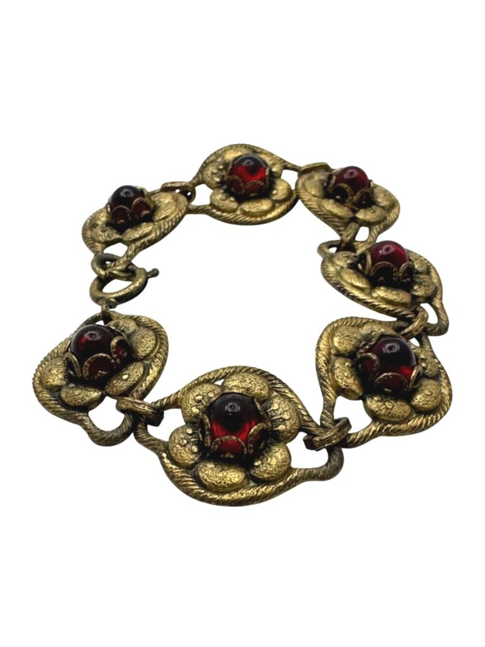 Ruby Red Cabochon Bracelet Gold-Tone Floral Link Bracelet Glass 6.5" Victorian
